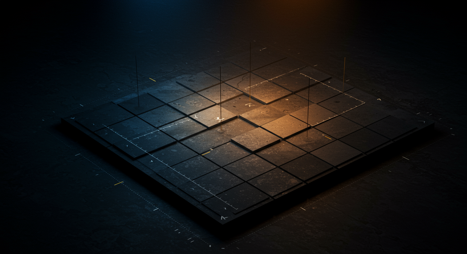 Abstract cross-asset correlation heatmap: 6x6 grid of cool-blue and warm-amber gradient ce