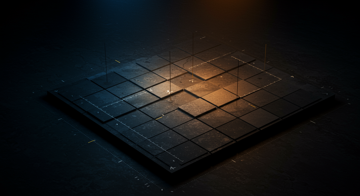 Abstract cross-asset correlation heatmap: 6x6 grid of cool-blue and warm-amber gradient ce