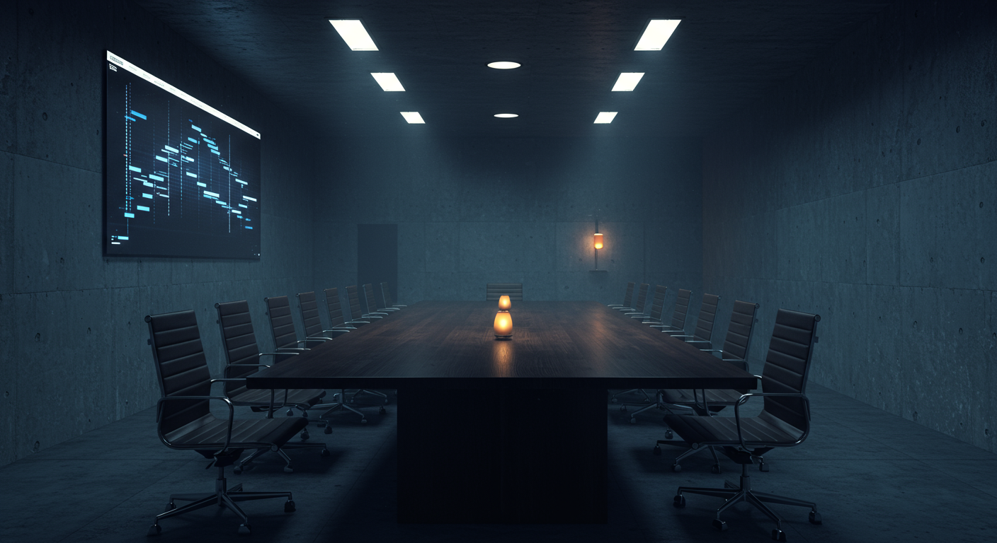 Brutalist concrete institutional boardroom interior at dawn, long polished dark hardwood c