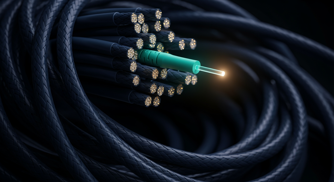 Single teal fiber emerging from a bundle — market data handler