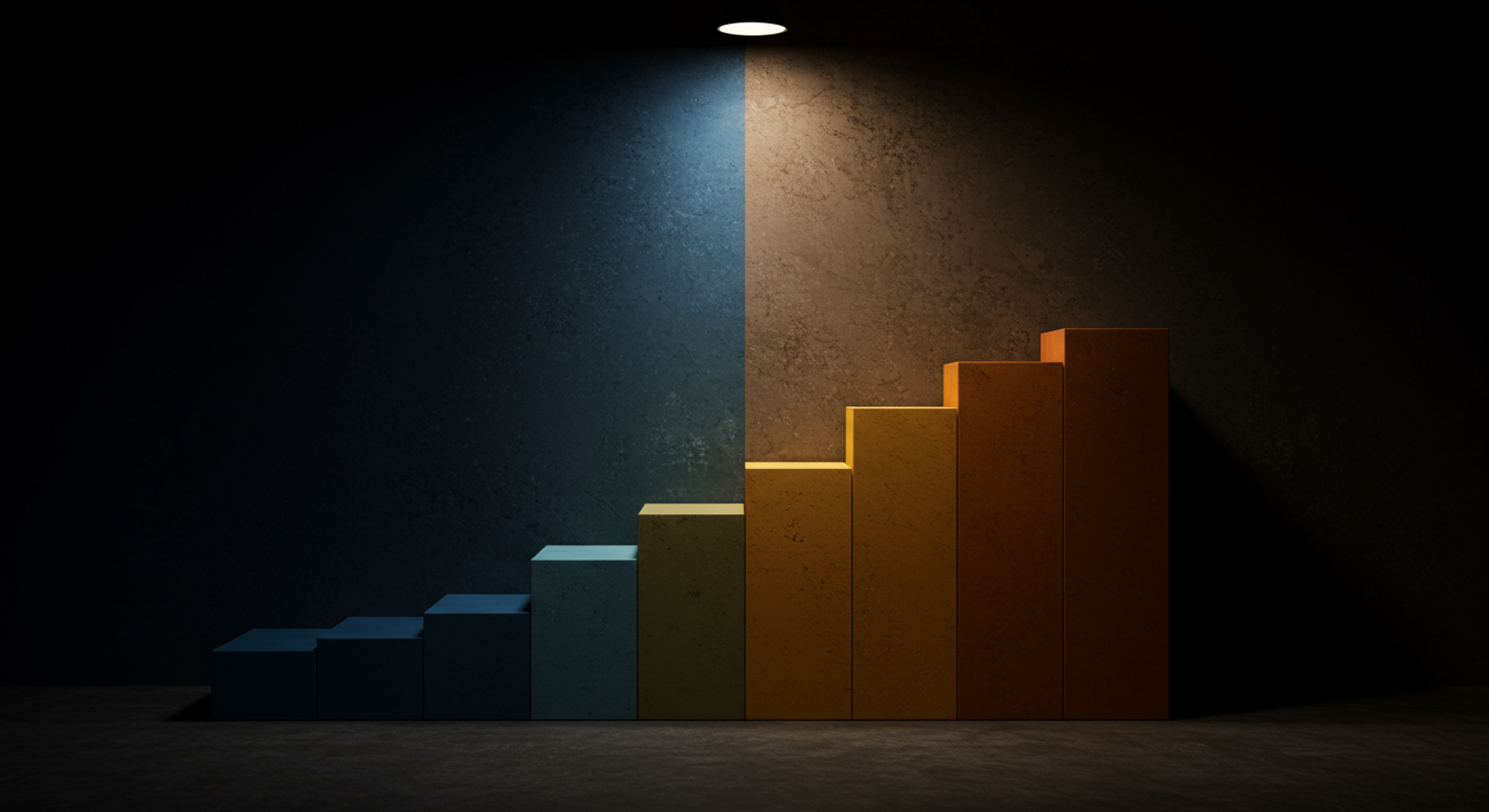 Abstract migration ramp diagram: five ascending step blocks transitioning gradient from co