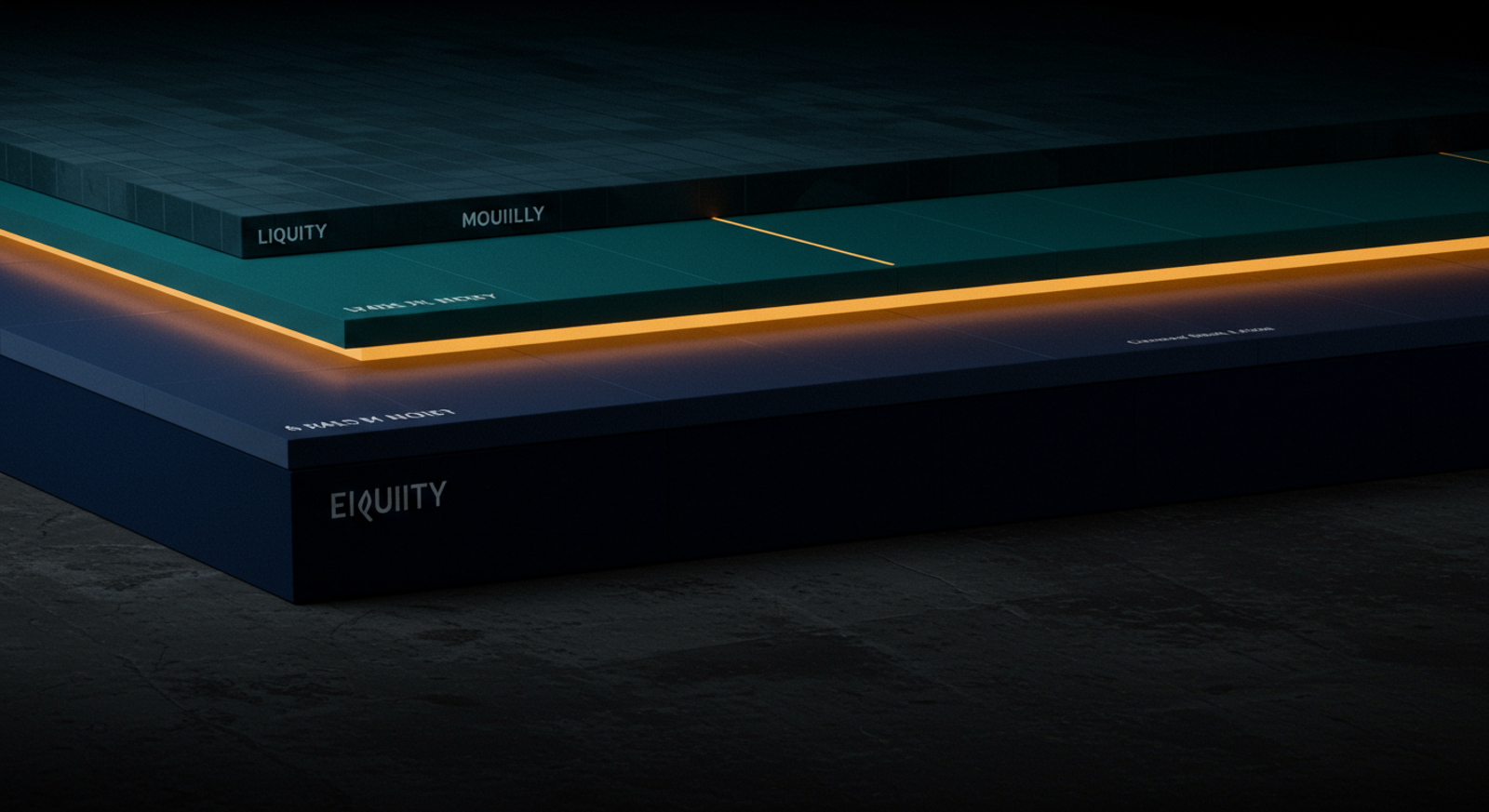 Abstract layered liquidity-stack illustration: horizontal slabs labelled only by color (to