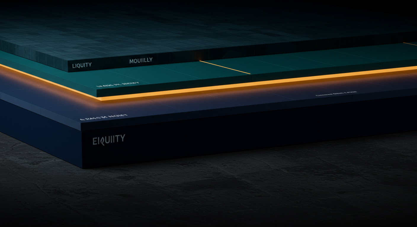 Abstract layered liquidity-stack illustration: horizontal slabs labelled only by color (to