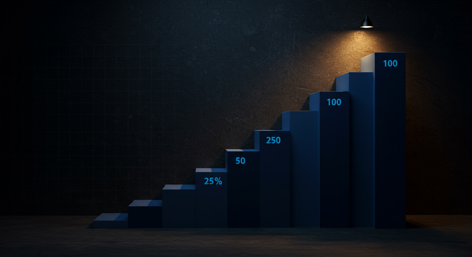 Abstract throttled-cutover ramp diagram: ascending step blocks in cool blue (10/25/50/100 
