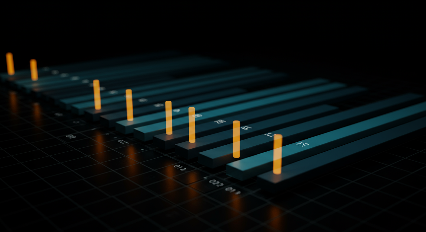 Abstract horizontal Gantt-style timeline of six staggered process phase bars in cool teal-