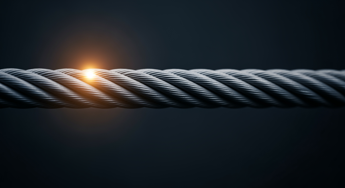 A single steel cable under load, individual strands visible — engineered headroom