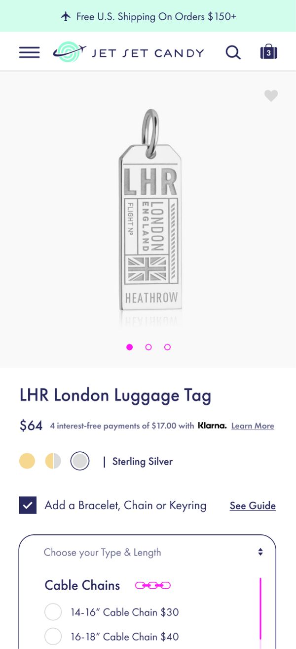 Mobile screenshot of a PDP with a silver charm