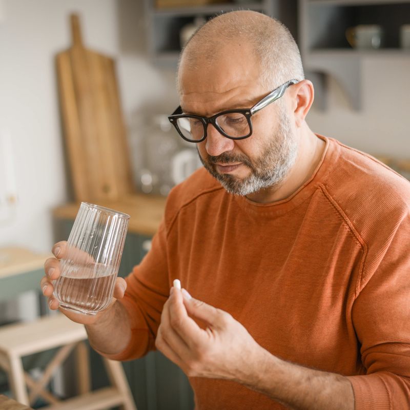 Man Holding Antiviral Pill and Glass of Water
