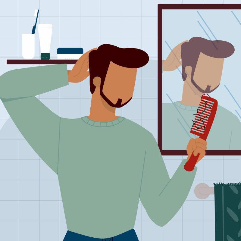 Illustration of Man Combing Out Loose Hairs in Bathroom