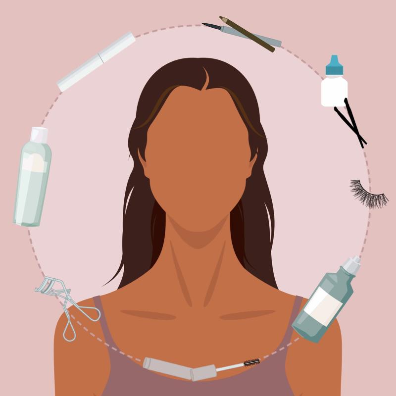 Illustration of Woman Surrounded by Eyelash Products