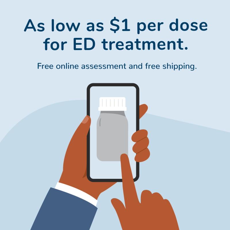 Illustration of a man using a phone to get ED treatment through RedBox Rx. As low as $1 per dose. Free online assessment and free shipping.