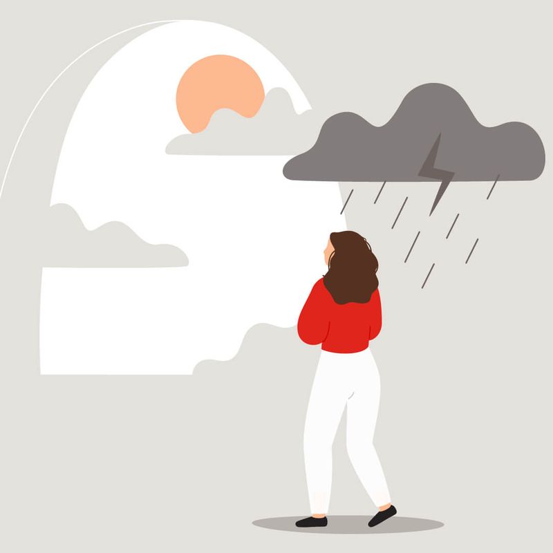 Illustration of Woman Walking with Dark Cloud Over Head