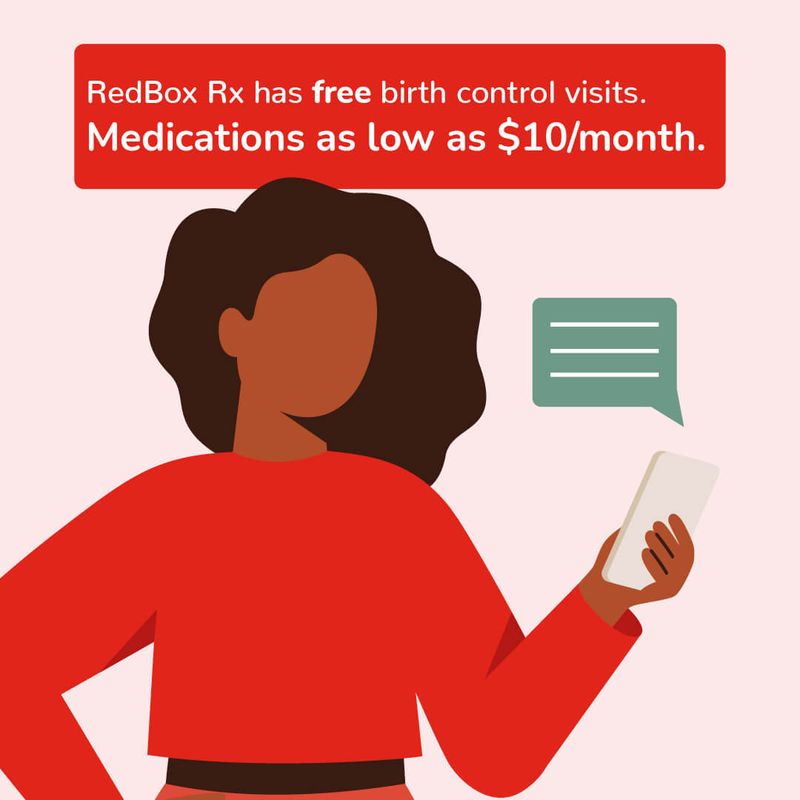 Illustration of Woman on Phone. Free Birth Control Consults. Pills as low as $10/month.