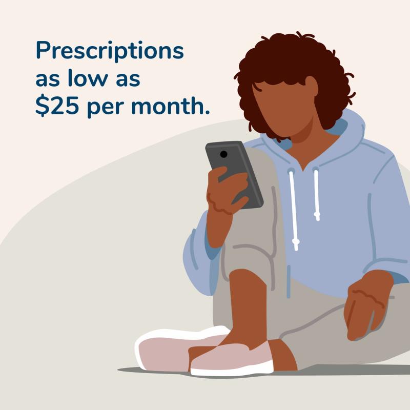 Illustration of Person Looking at Their Phone. RedBox Rx Has an Online Doctor Consult for $25. Prescriptions as Low as $25/month.