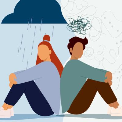 Illustration of Women With Depression and Man With ADHD Sitting Back to Back