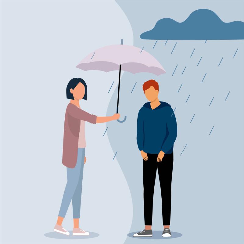 Illustration of A Rainy Scene with A Woman Holding an Umbrella for A Man.