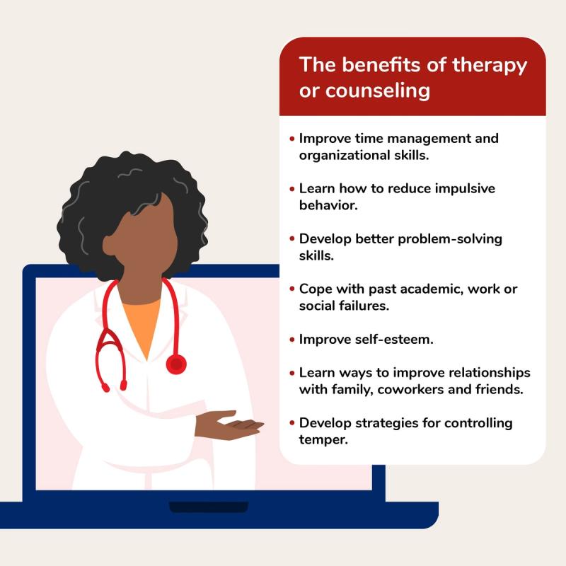 Illustration of Doctor with the Benefits of Therapy or Counseling for Adult ADHD