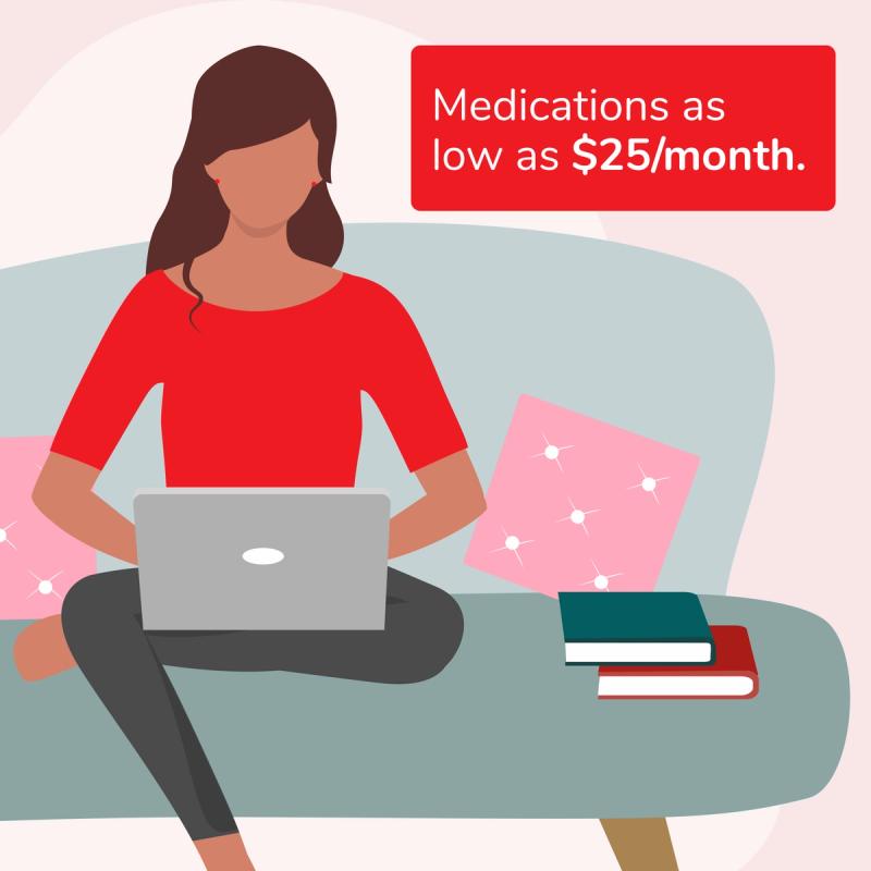 Illustration of Woman on Laptop. Medications as Low as $25/Month