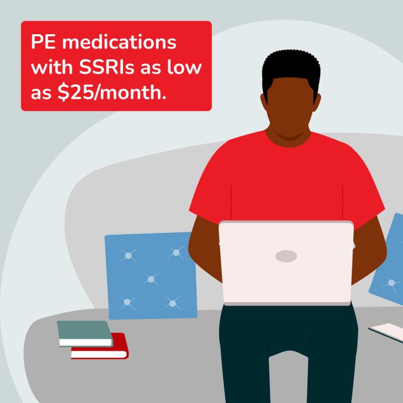 Illustration of Man Completing a PE Online Consultation. SSRIs for $25/Month.