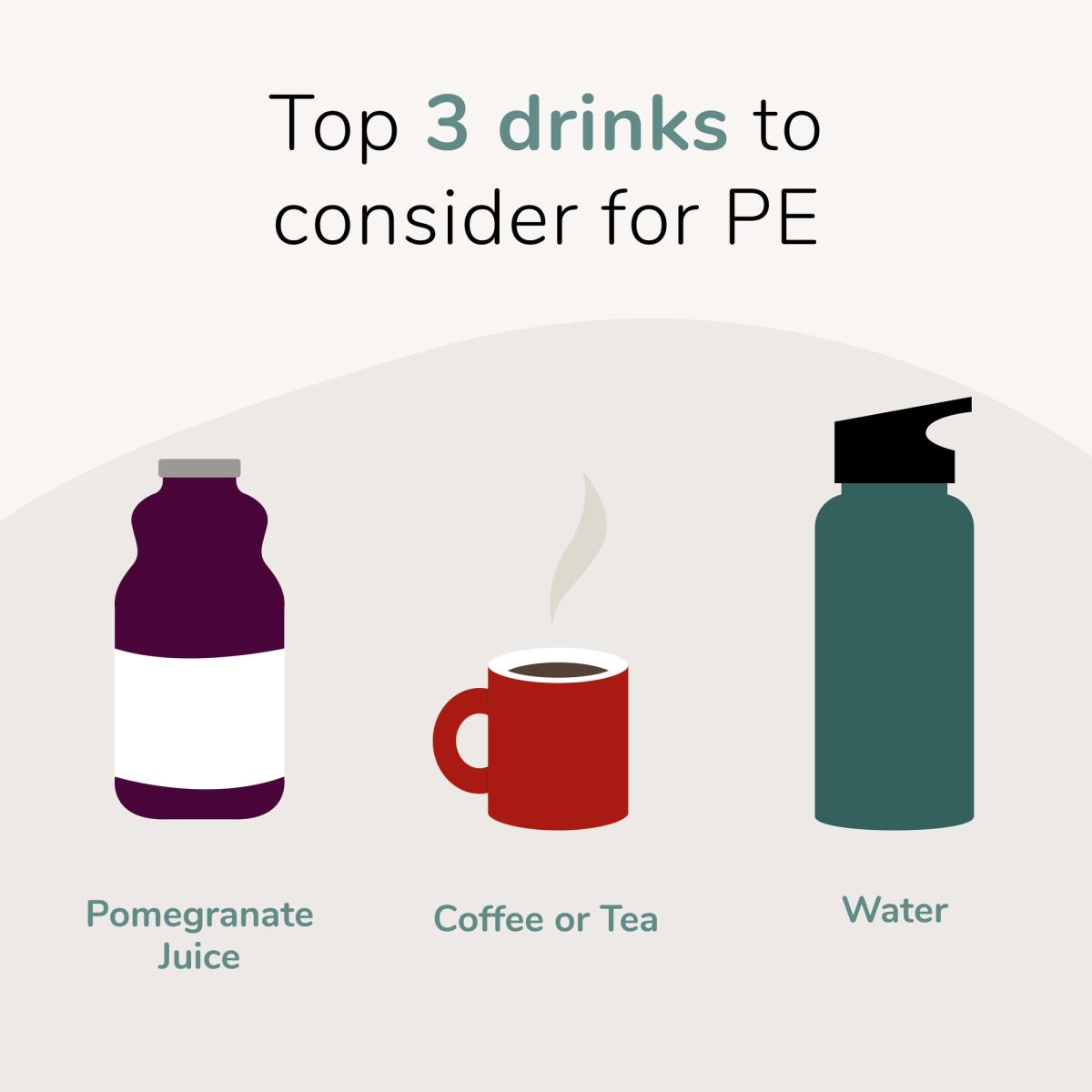 Illustration of top 3 drinks to consider for PE - pomegranate juice, coffee or tea, and water