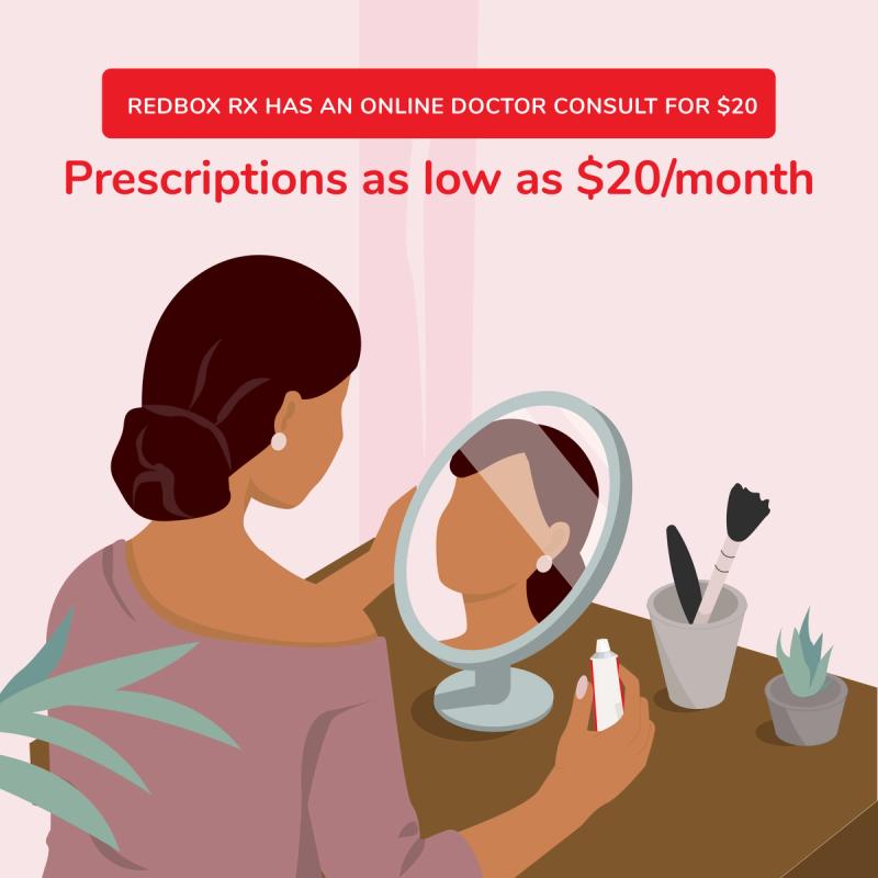 Illustration of Woman Applying Tretinoin. Redbox Rx Has An Online Doctor Consult for $20. Prescriptions as Low as $20/ month.