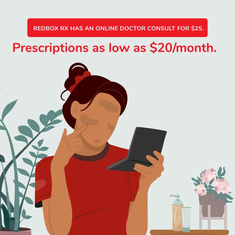 Ilustration of woman looking in mirror. Redbox Rx has an online doctor consult for $25 and prescriptions as low as $20/month.