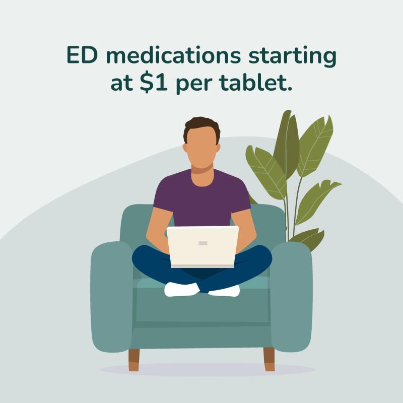 Illustration of a man getting ED medication from RedBox Rx on a laptop. As low as $1 per tablet.