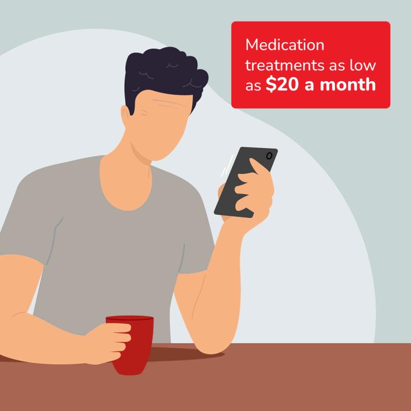 Illustration of Man on Phone. Medication Treatments as Low as $20 a Month.