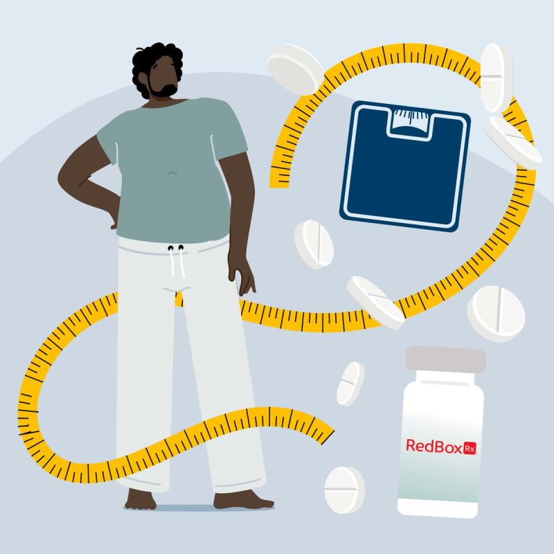 Illustration of a Person with a Scale, Weight Loss Medications, and Measuring Tape