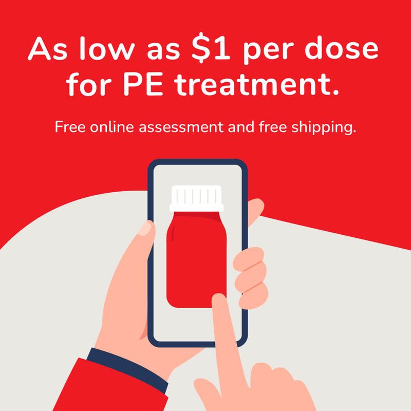 Illustration of Man Completing Free Online Assessment. As Low as $1 Per Dose for PE Treatment. Free Online Assessment and Free Shipping