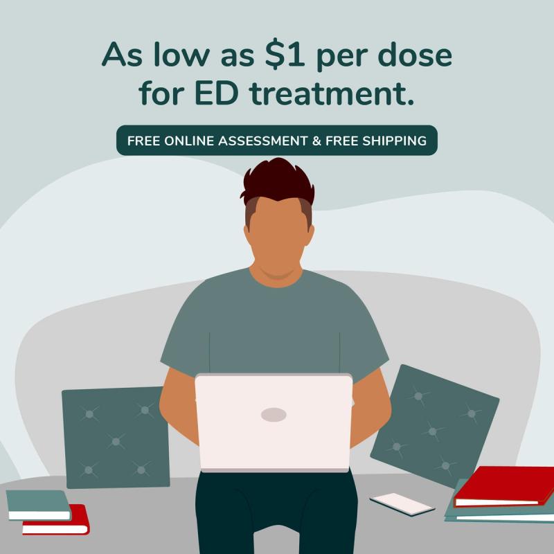 Illustration of Man Completing Online ED Assessment. As Low As $1 Per Dose.