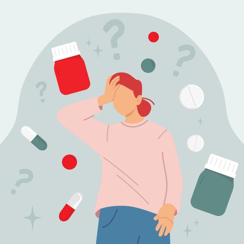 Illustration of a woman holding her head in confusion with question marks and pills around her