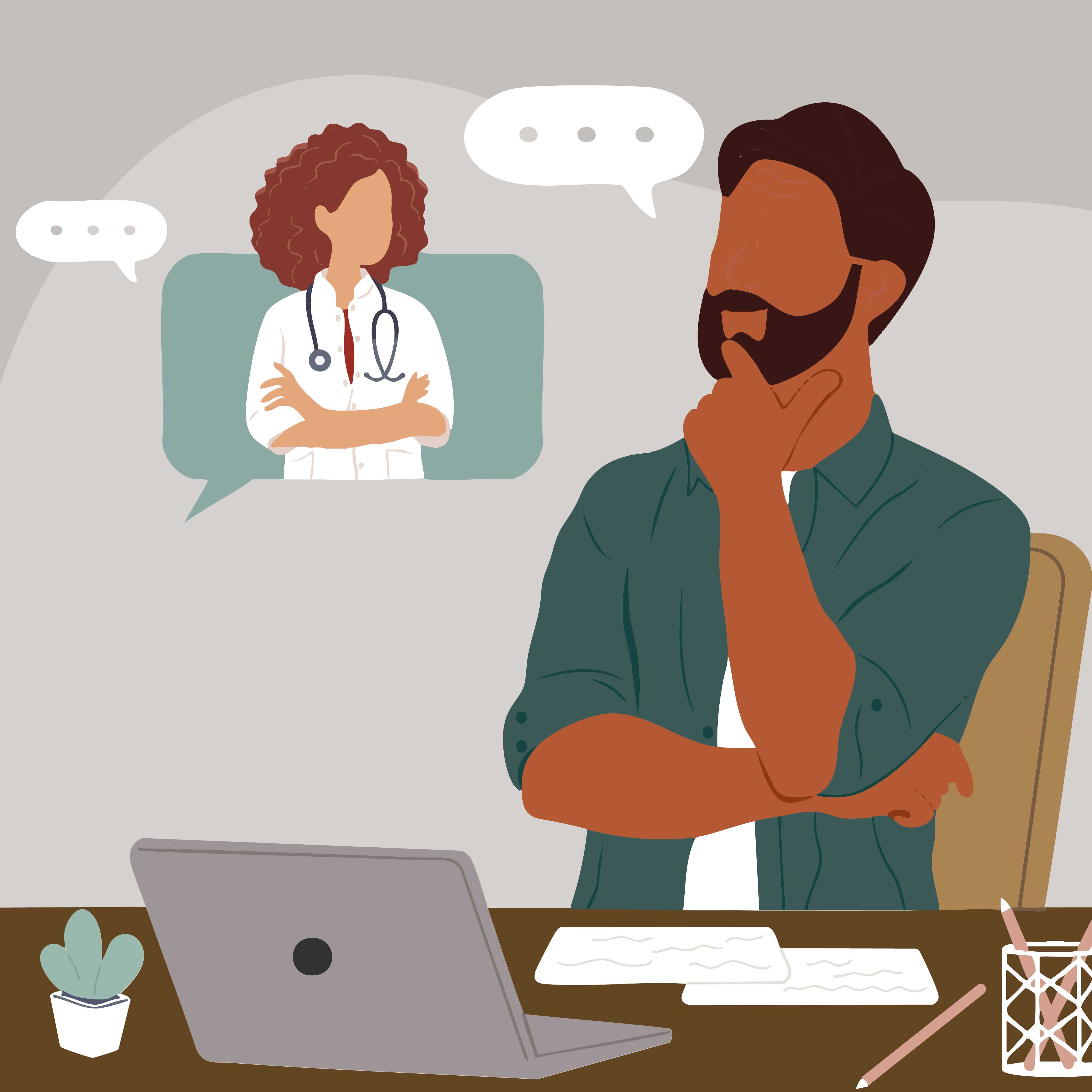 Illustration of a man sitting in front of a laptop trying to figure out how to ask his doctor for weight loss medication.