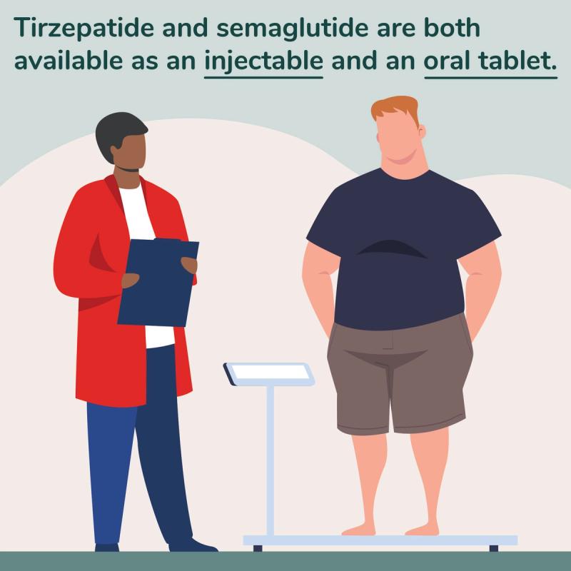 Man Standing on Scale with a Doctor. Tirzepatide and semaglutide are both available as an injectable and an oral tablet.