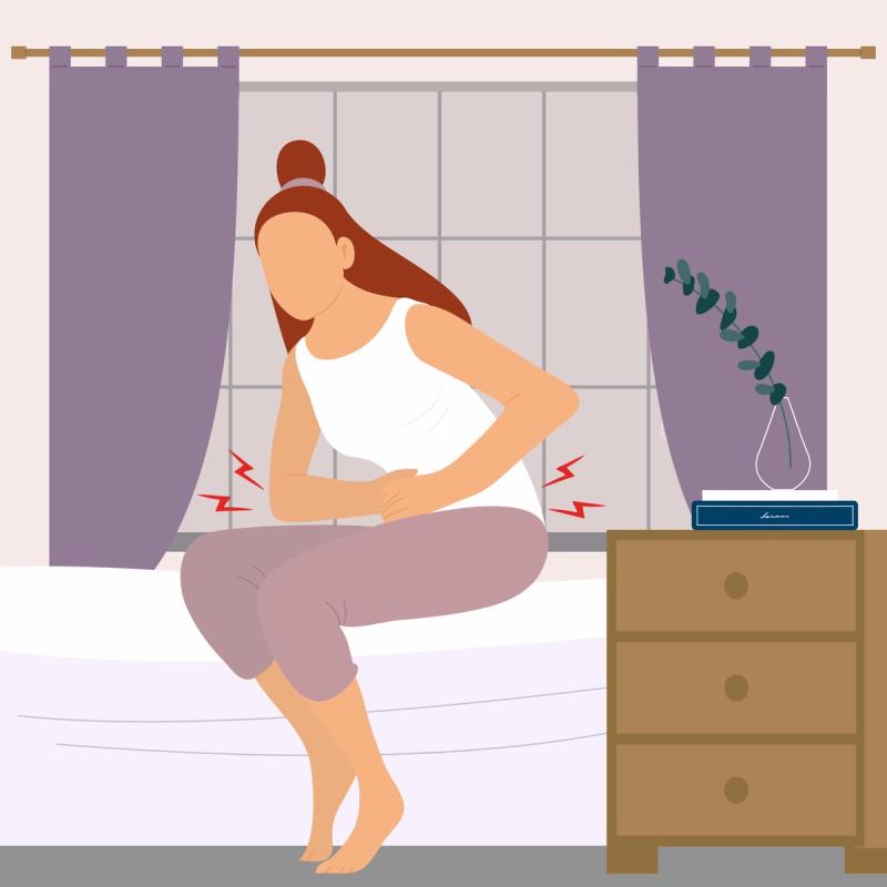 An illustration of a woman, with a concerned body posture, suffering from a UTI.