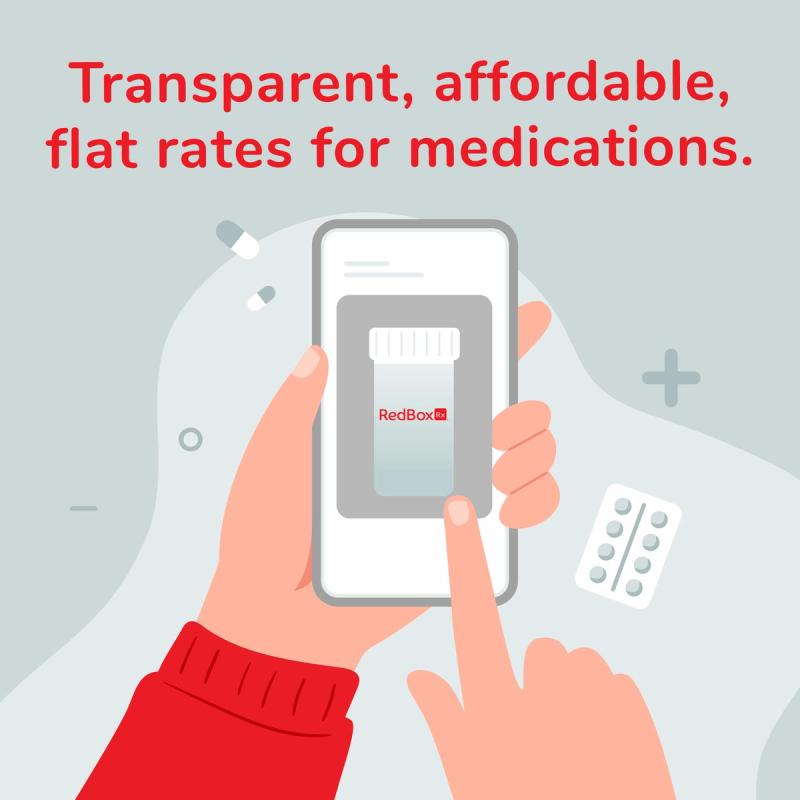 Illustration of RedBox Rx Med Bottle on Phone. Transparent, affordable flat rates on meds.