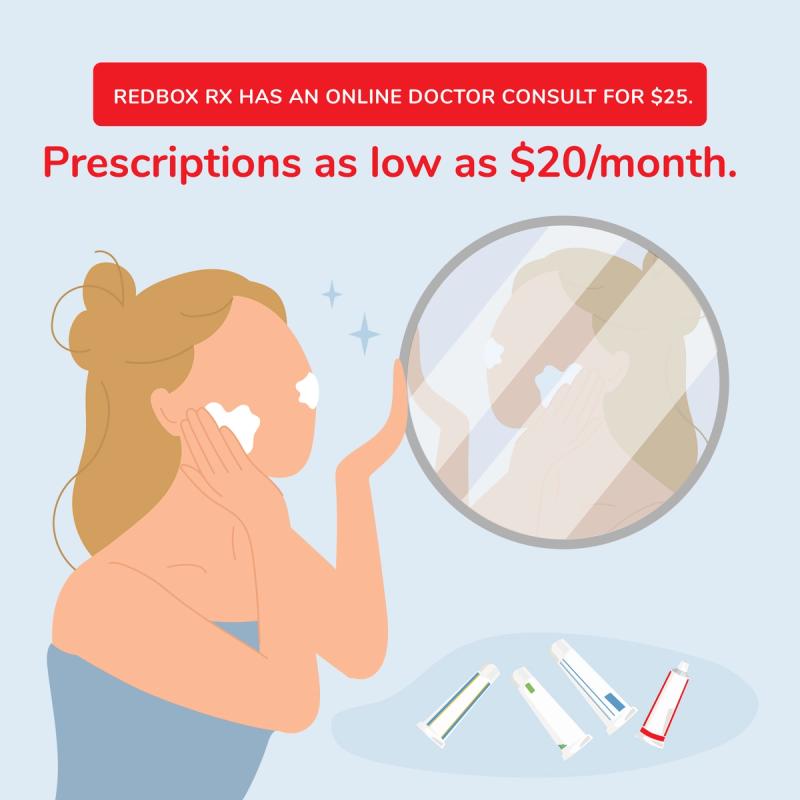 Ilustration of woman looking in mirror applying anti-aging creams and serums. Redbox Rx has an online doctor consult for $25 and prescriptions as low as $20/month.