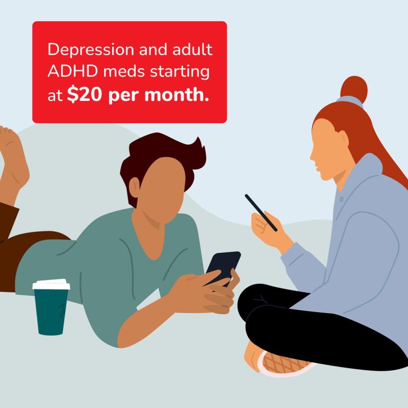 Man and woman completing mental health assessments on phone. Meds starting at $20 per month.