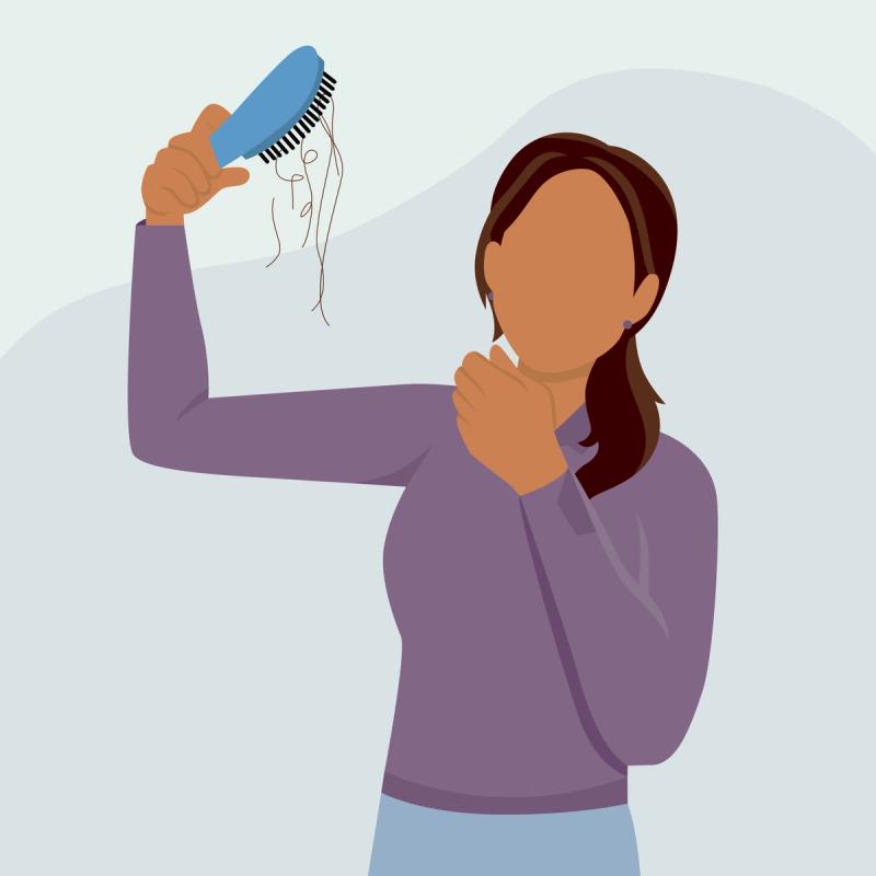 An illustration of a woman holding a brush filled with strands of hair.