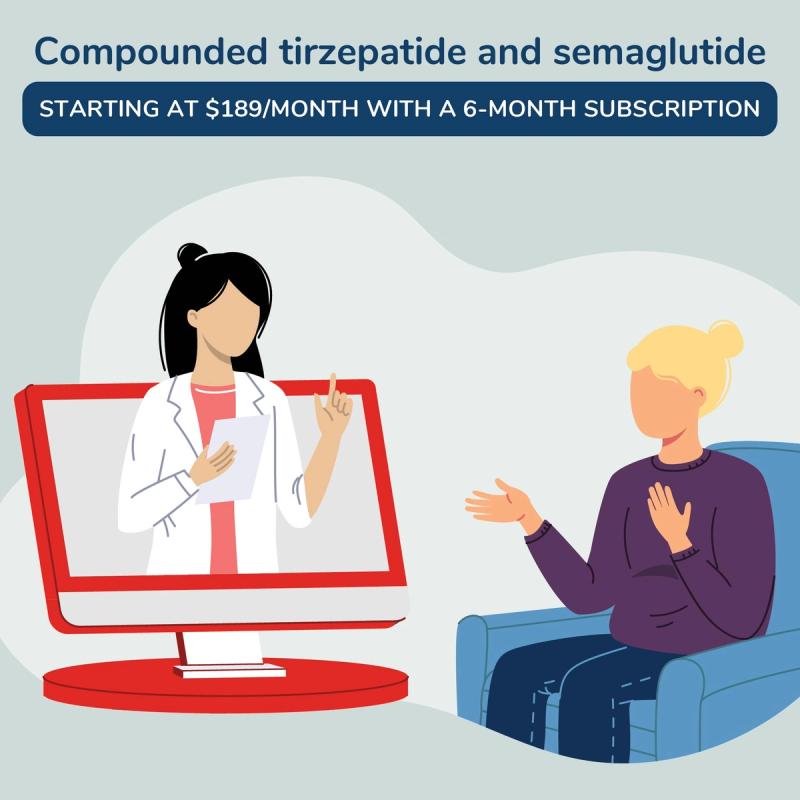 Woman Talking To Her Doctor on Computer. Compounded Tirzepatide and Semaglutide starting at $189/Month with a 6-Month Subscription.