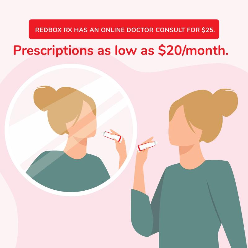 Illustration of Woman Holding A Tube of Product. RedBox Rx Has an Online Doctor Consult for $25. Prescriptions as Low as $20/month.