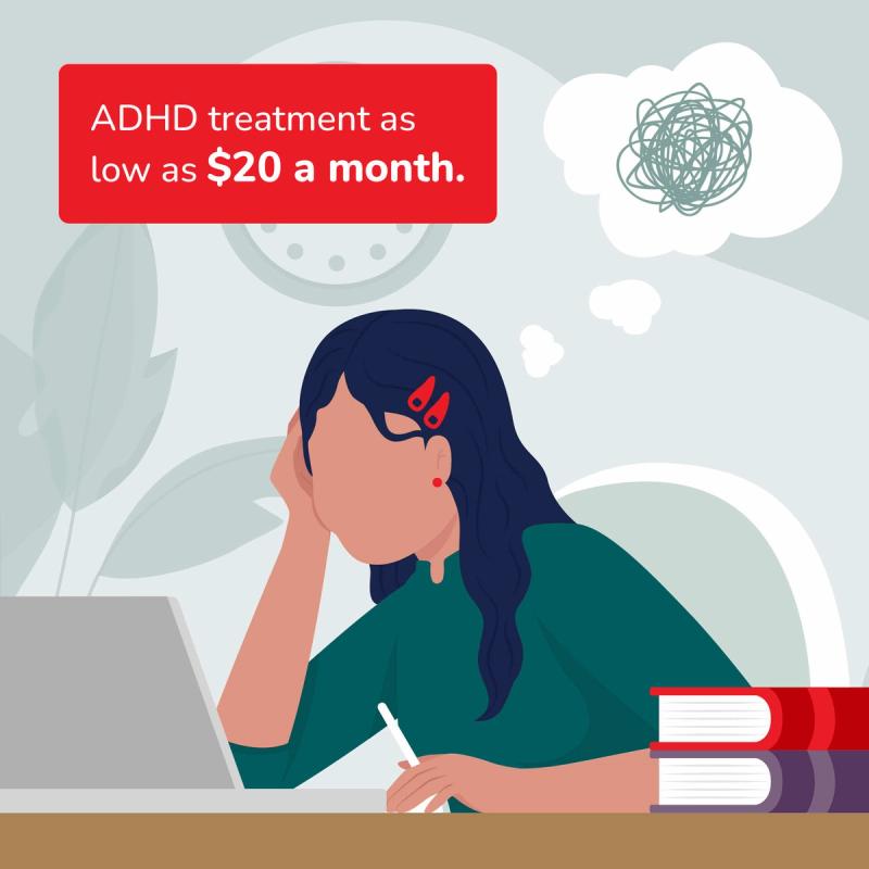 Illustration of Woman on a Laptop. ADHD Treatment as Low as $20 a month.
