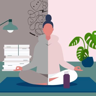 Illustration of Person Meditating on Yoga Mat Experiencing Adult-Onset ADHD Symptoms