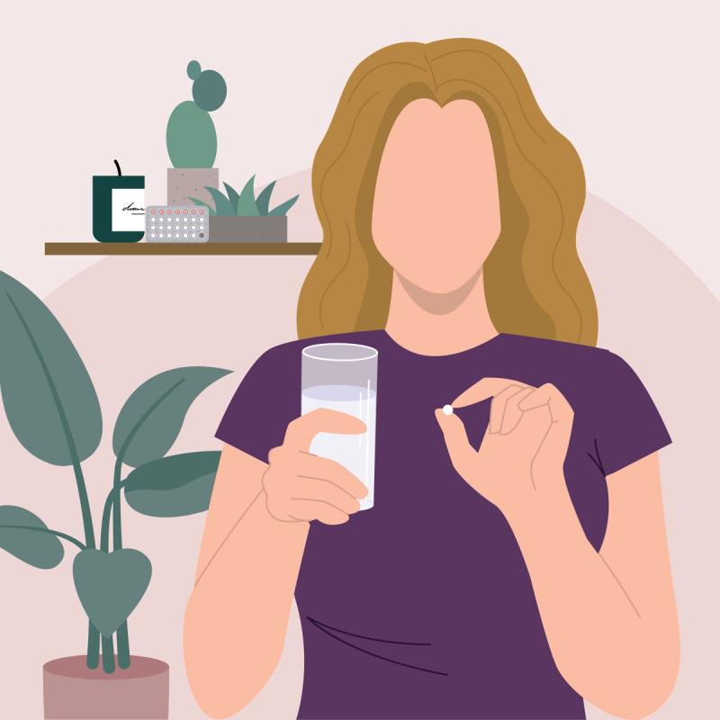 An illustration of a woman taking a birth control pill with a glass of water.