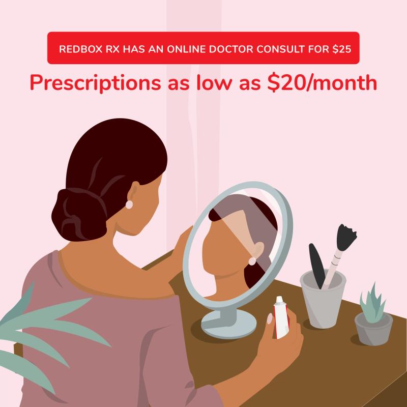 Illustration of Woman Applying Tretinoin. Redbox Rx Has An Online Doctor Consult for $25. Prescriptions as Low as $20/ month.