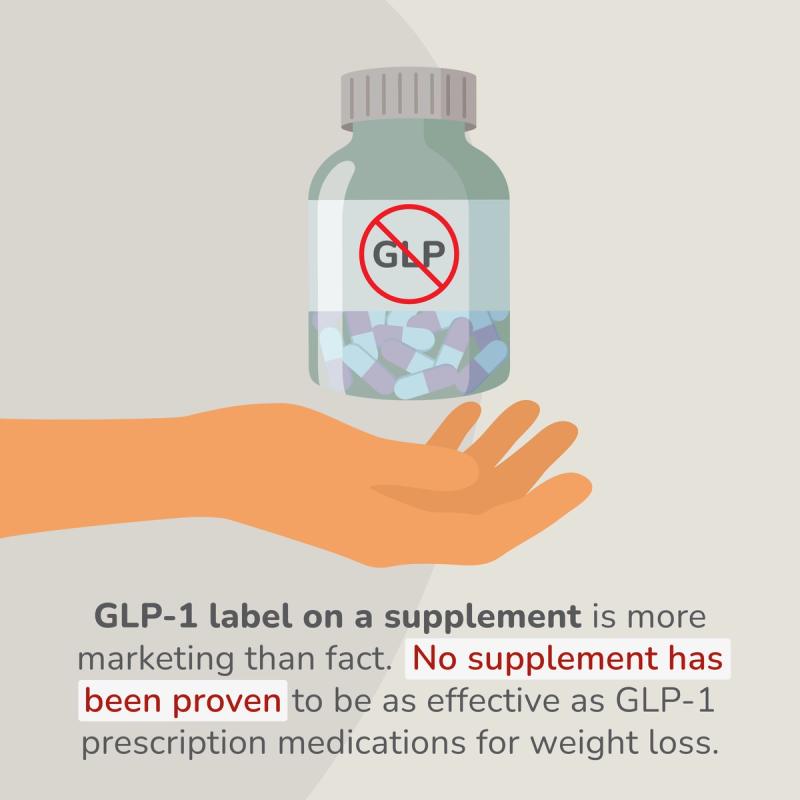 Illustration of a pill bottle with GLP crossed out