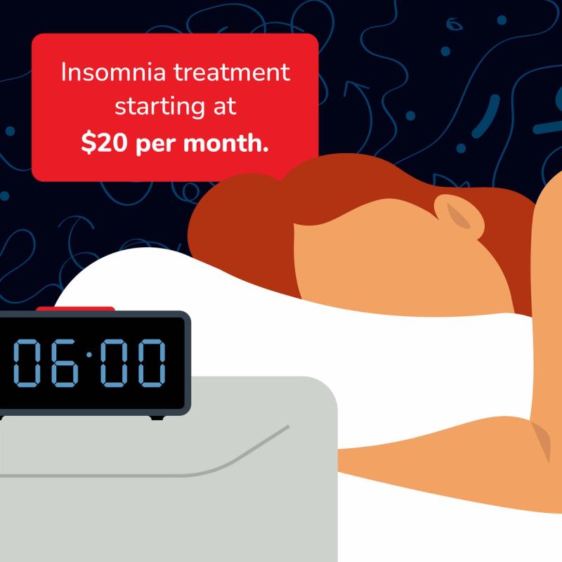 Illustration of Woman Sleeping. Insomnia Treatment Starting at $20 Per Month.