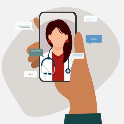 Illustration of Hand Holding Phone Messaging a Telehealth Provider