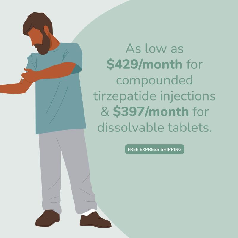 Illustration of man using tirzepatide injections. As low as $429/month for compounded tirzepatide injections & $397/month for dissolvable tablets. Free express shipping available.