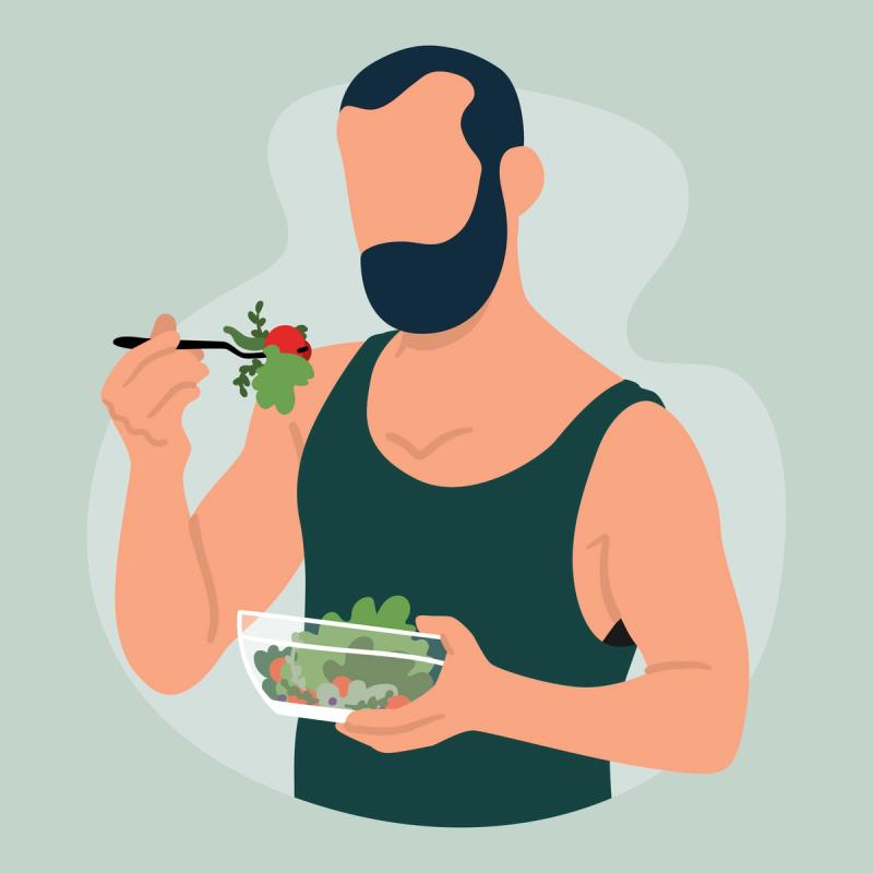 Illustration of a man eating a salad using the tirzepatide diet plan.